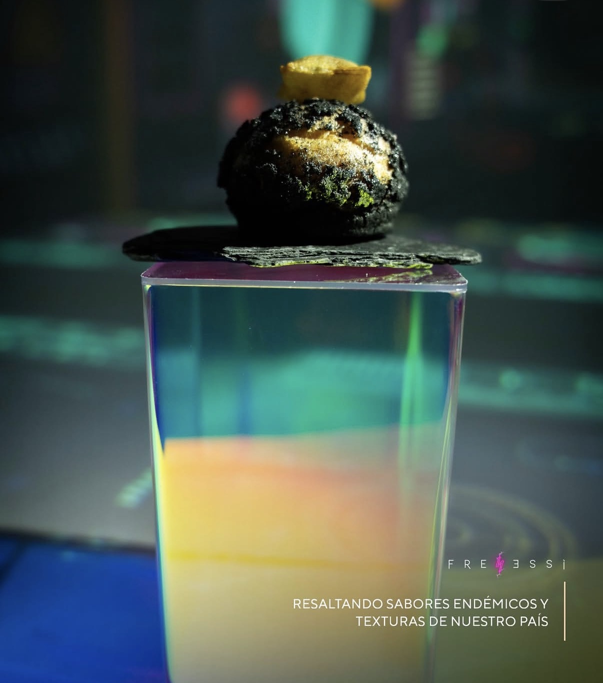 Dark sphere on iridescent crystal — avant-garde plating